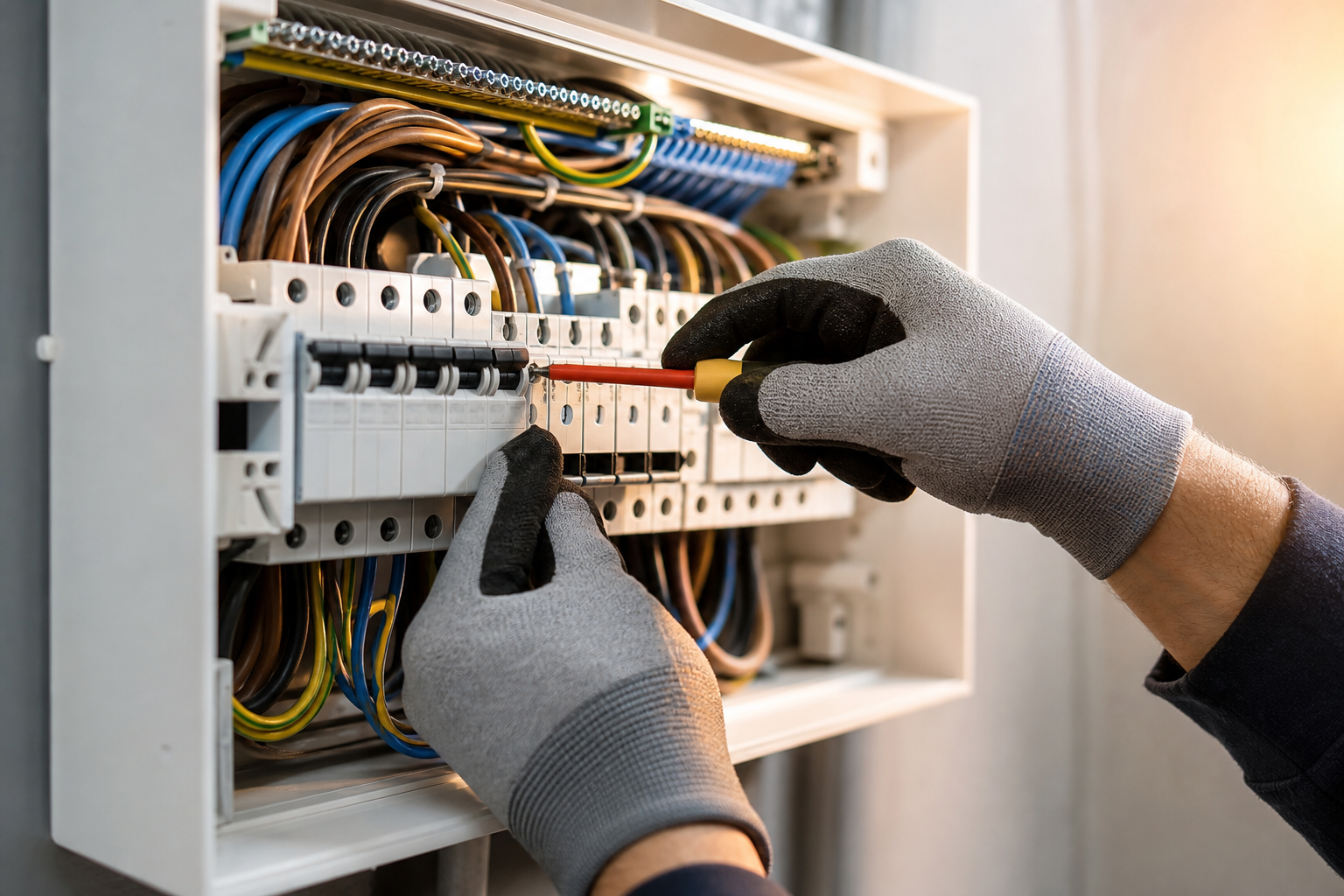 AI-generated image representing an electrician at work in Horsforth — illustrative, not a photograph of D H Electrical.