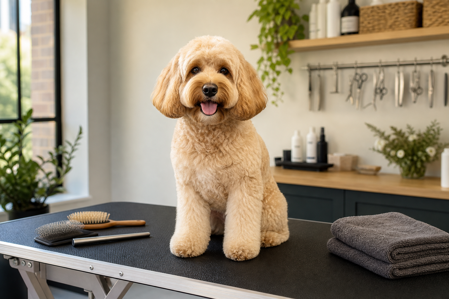 AI-generated image representing a dog grooming salon in Headingley — illustrative, not a photograph of Mrs B's Dog Grooming.